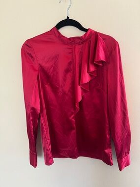 Tahari Satin Ruffle Neck Blouse in Fuchsia